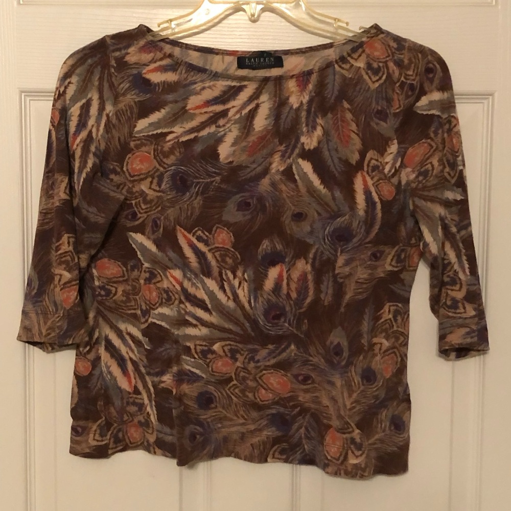 Lauren Ralph Lauren Brown and Orange Feather Print Blouse
